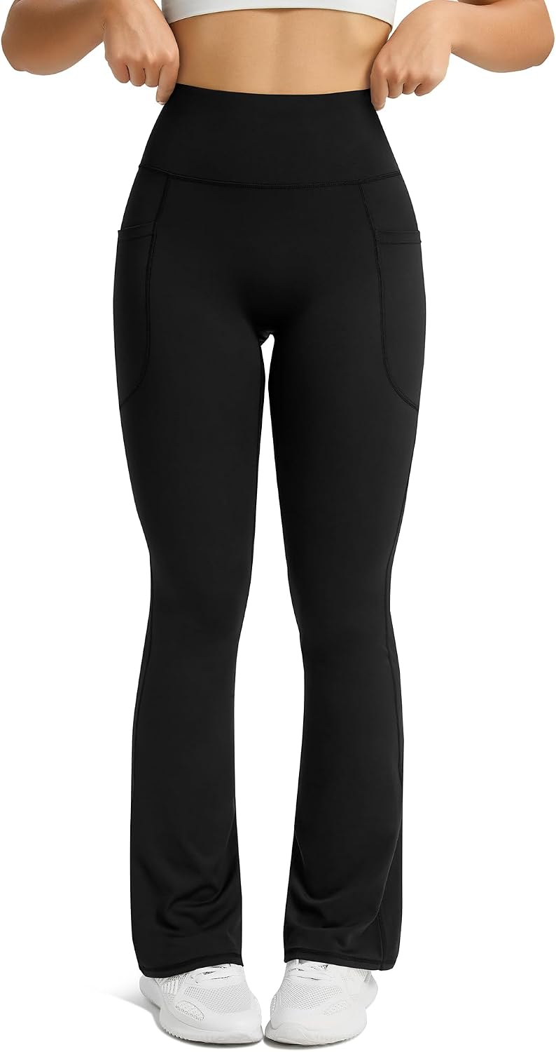 Womens Flared Yoga Pants with Pockets, High Waisted Flare Leggings Bell Bottom Bootcut Yoga Dress Pants