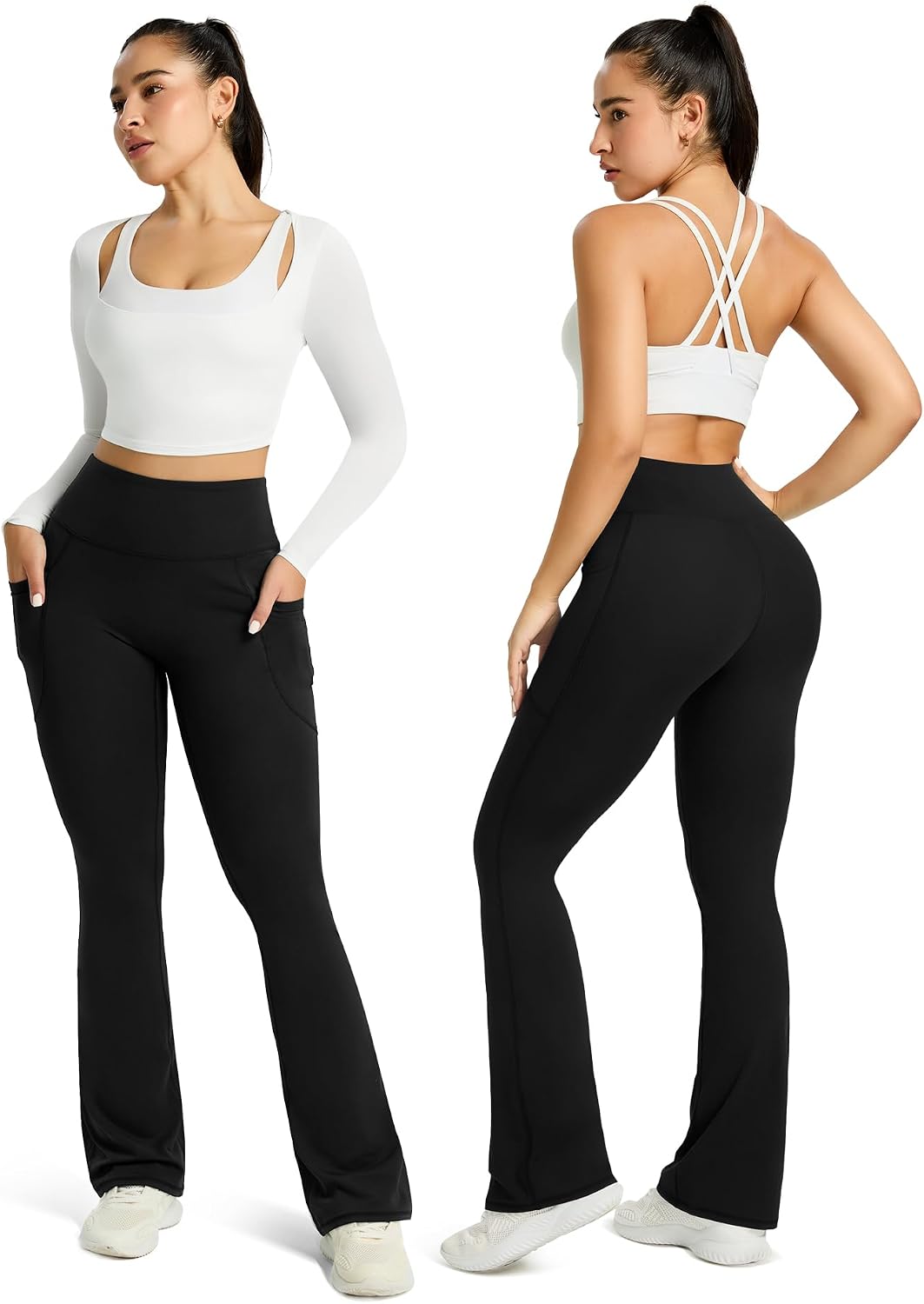 Womens Flared Yoga Pants with Pockets, High Waisted Flare Leggings Bell Bottom Bootcut Yoga Dress Pants