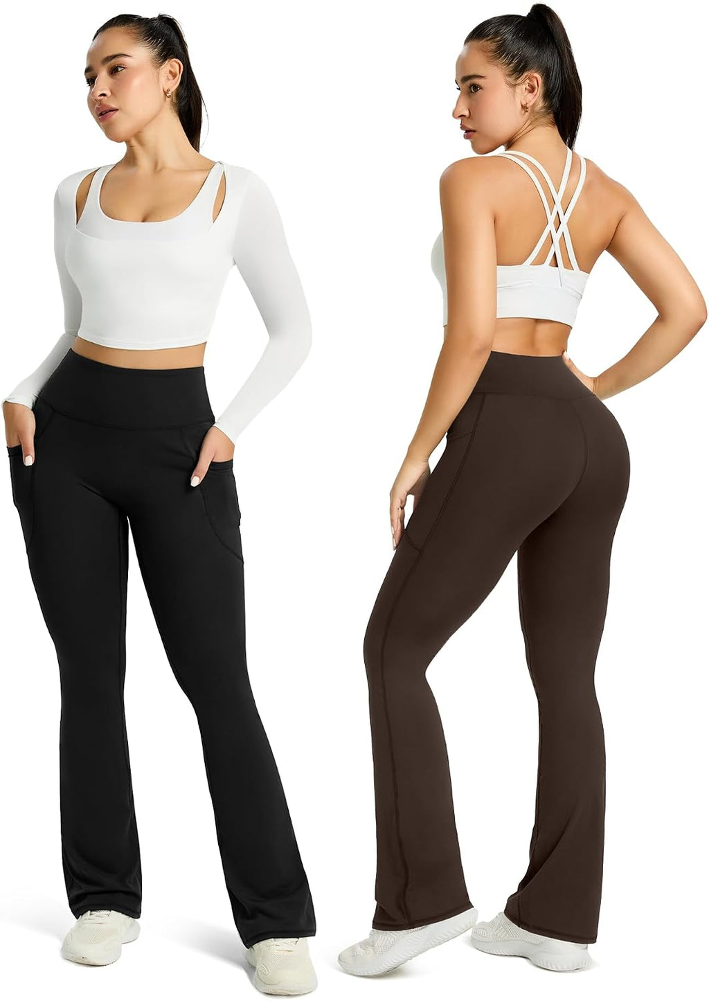 Womens Flared Yoga Pants with Pockets, High Waisted Flare Leggings Bell Bottom Bootcut Yoga Dress Pants