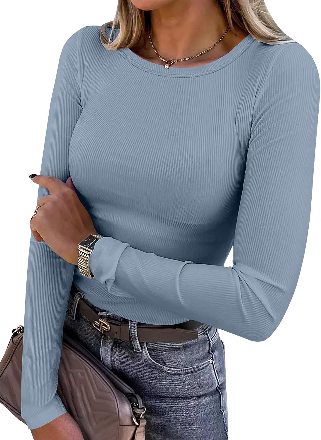 ANRABESS Women Long Sleeve Shirts Ribbed Fitted Tops